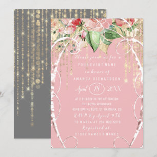 Bridal Shower Sweet 16th Pink Roses Blush Gray Invitation