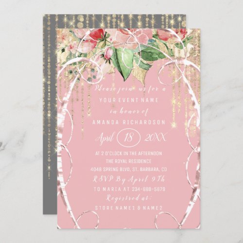 Bridal Shower Sweet 16th Pink Roses Blush Gray Invitation