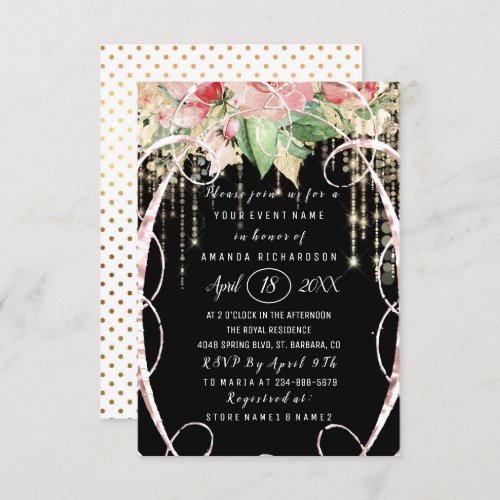 Bridal Shower Sweet 16th Pink Roses Golden Dots Invitation