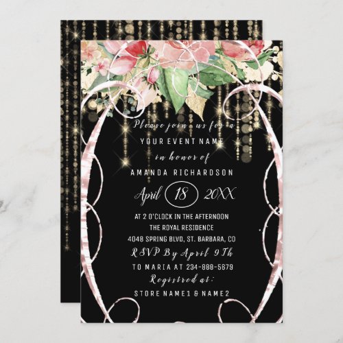 Bridal Shower Sweet 16th Rose Florals Black White Invitation