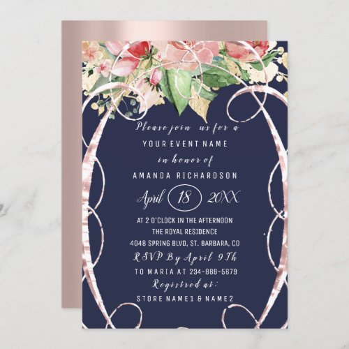 Bridal Shower Sweet 16th Rose Florals Blue Navy Invitation