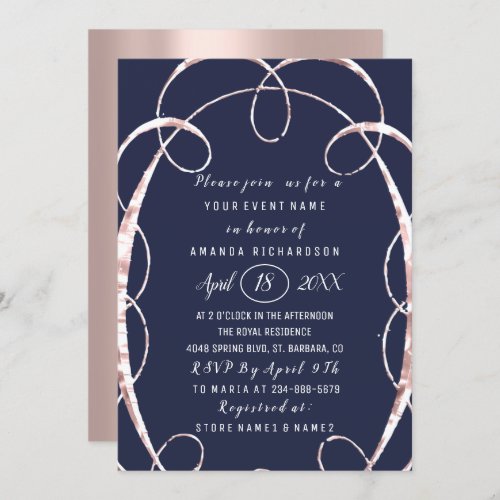 Bridal Shower Sweet 16th Rose Gold Blue Navy Invitation