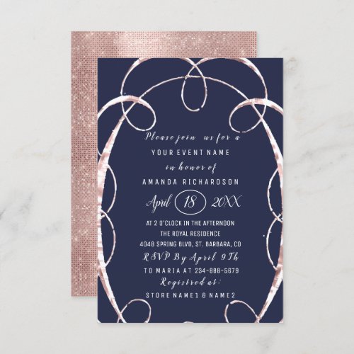 Bridal Shower Sweet 16th Rose Gold Blue Navy Invitation