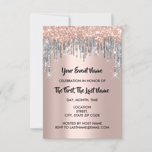 Bridal Shower Sweet 16th Rose Gray Glitter Drips Invitation