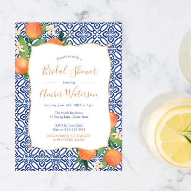 Bridal Shower - Sweet Citrus Oranges Classic Blue Invitation (Creator Uploaded)
