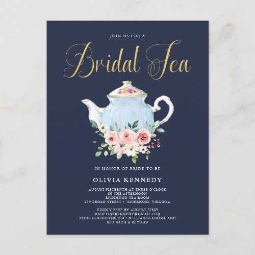 Bridal Shower Tea Elegant Blush Floral Gold Invite