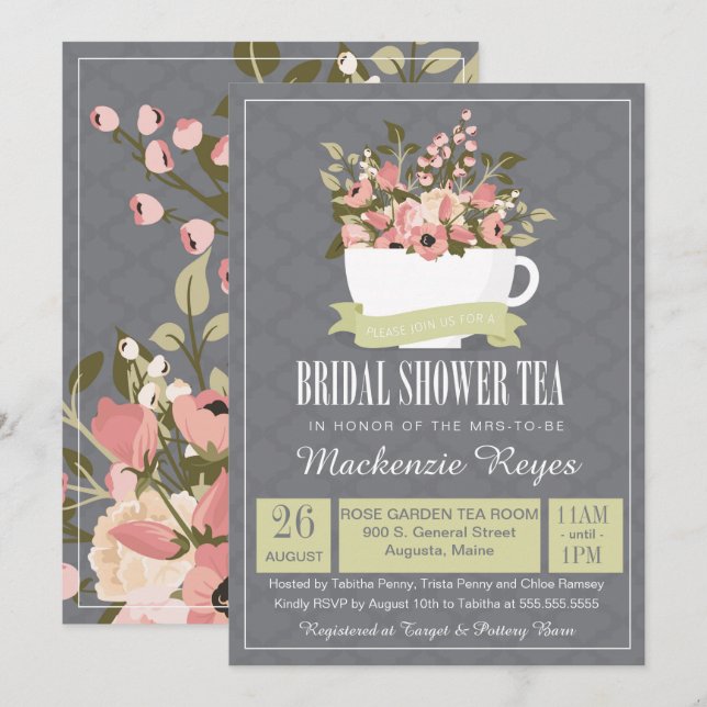 Bridal Shower Tea Invitation, Sage Green & Pink Invitation (Front/Back)