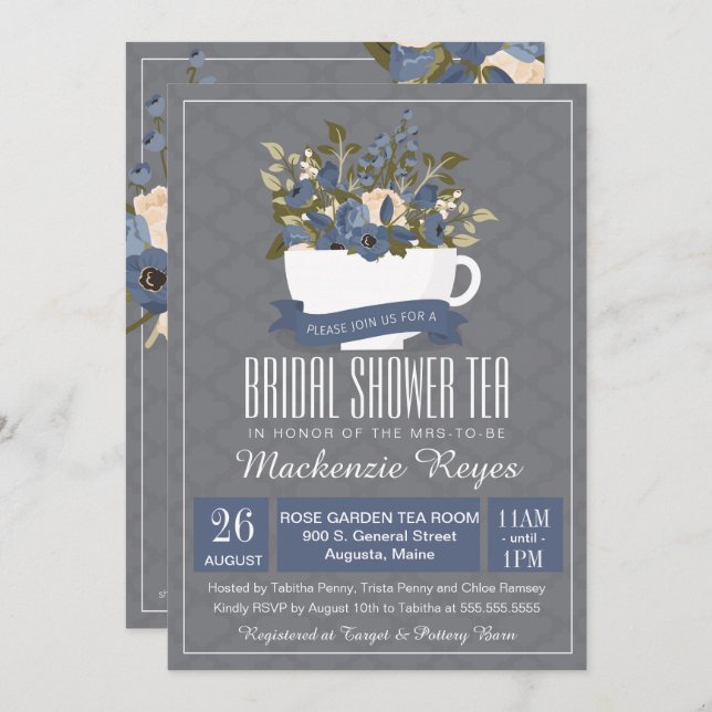 Bridal Shower Tea Invitation, Tea Party Invitation (Front/Back)