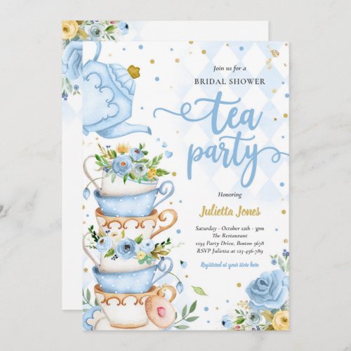 Bridal Shower Tea Party Blue And Gold Floral  Invitation