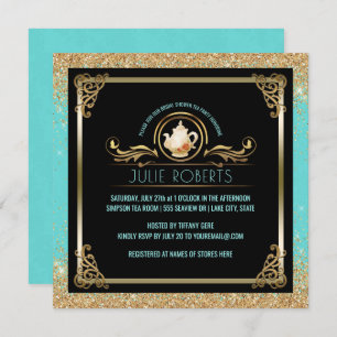 Bridal Shower Tea Party Blue Gold Glitter Invitation
