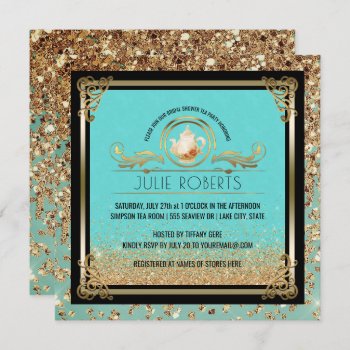 Bridal Shower Tea Party Blue Gold Invitation by angela65 at Zazzle