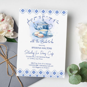 Bridal shower tea party blue tiles tea pot invitation