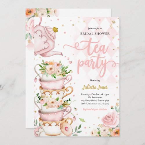 Bridal Shower Tea Party Blush Pink And Gold Floral Invitation