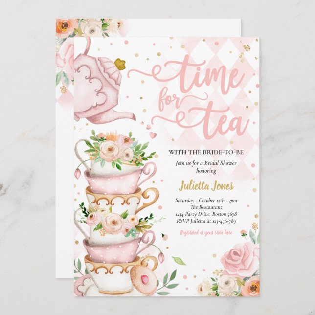 Bridal Shower Tea Party Blush Pink And Gold Floral Invitation (Front/Back)