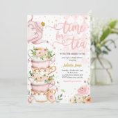 Bridal Shower Tea Party Blush Pink And Gold Floral Invitation (Standing Front)