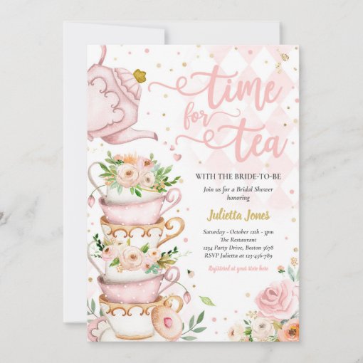 Bridal Shower Tea Party Blush Pink And Gold Floral Invitation 