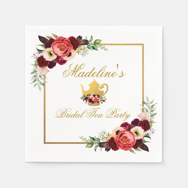 Bridal Shower Tea Party Burgundy Boho Floral Gold Napkins (Front)