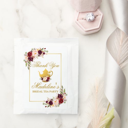 Bridal Shower Tea Party Burgundy Floral Gold Tea Bag Drink Mix