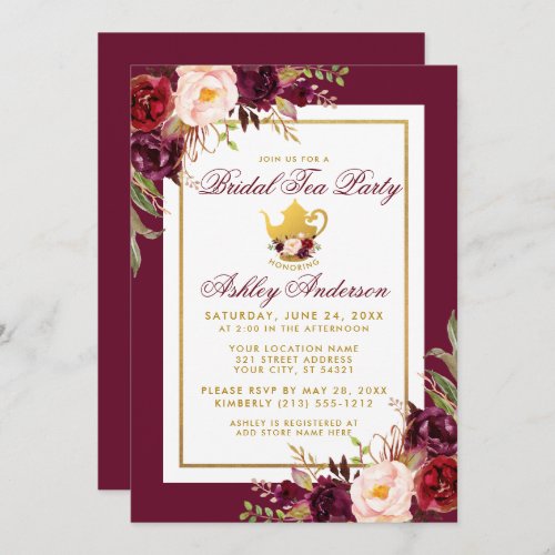 Bridal Shower Tea Party Burgundy Gold Invite B