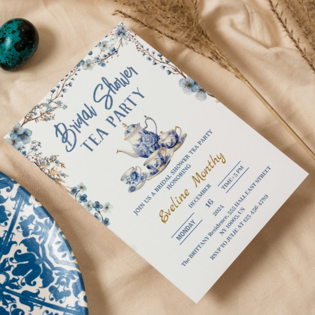 Bridal Shower Tea Party Delft Blue Floral brunch  Invitation (Bridal Shower Tea Party )