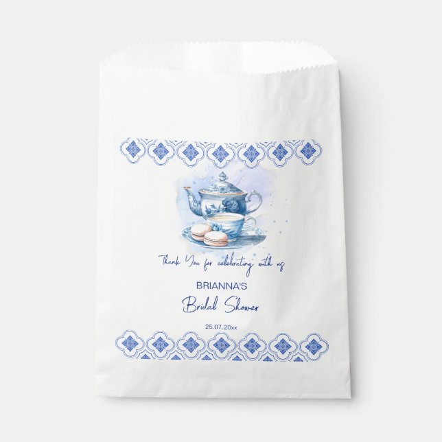 Bridal shower tea party  favors blue tiles tea pot favor bag (Front)