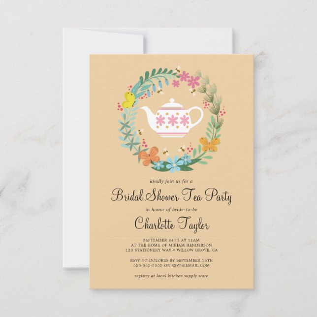 Bridal Shower Tea Party Floral Butterfly Wreath  Invitation (Front)