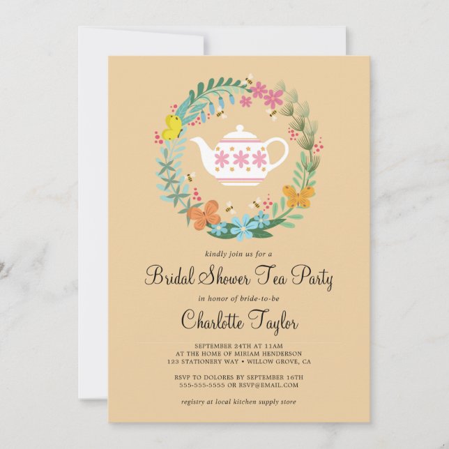 Bridal Shower Tea Party Floral Butterfly Wreath Invitation (Front)