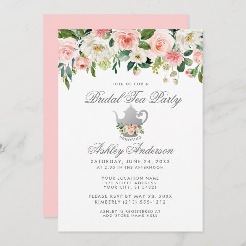 Bridal Shower Tea Party Floral Pink Silver Invite