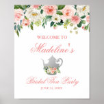 Bridal Shower Tea Party Floral Pink Silver Welcome Poster at Zazzle