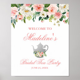 Bridal Shower Tea Party Floral Pink Silver Welcome Poster
