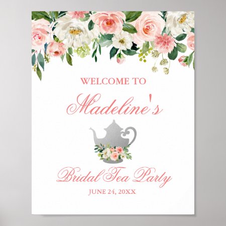 Bridal Shower Tea Party Floral Pink Silver Welcome Poster