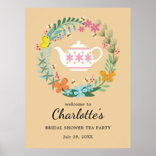 Bridal Shower Tea Party Floral Wreath Welcome Poster