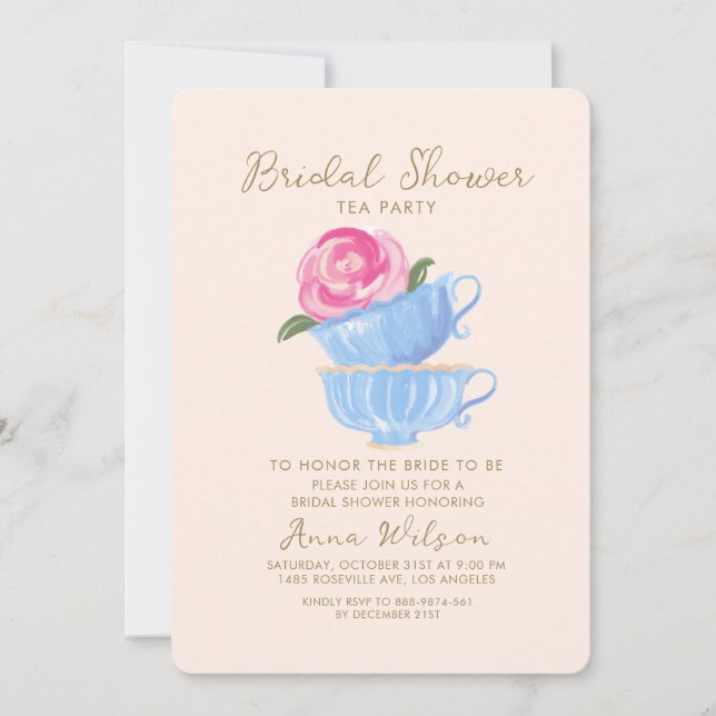 BRIDAL SHOWER TEA PARTY FLOWER PINK BLUE  INVITATION (Front)