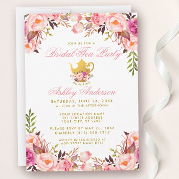 Bridal Shower Tea Party Gold Pink Floral Invitation by PearlBay at Zazzle