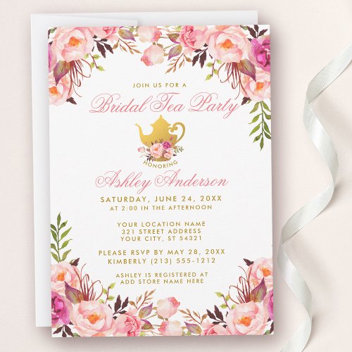 Bridal Shower Tea Party Gold Pink Floral Invitation