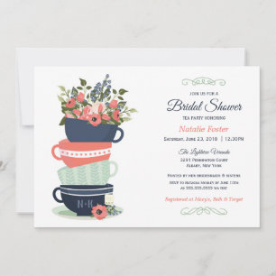 Bridal Shower Tea Party Invitation   Blue & Coral