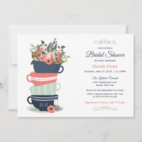 Bridal Shower Tea Party Invitation  Blue  Coral