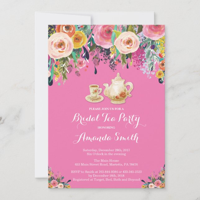 Bridal Shower Tea Party Invitation Floral Pink (Front)