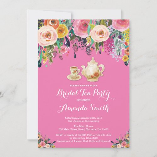 Bridal Shower Tea Party Invitation Floral Pink