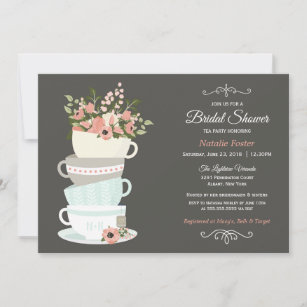 Bridal Shower Tea Party Invitation   Grey Pink Sky