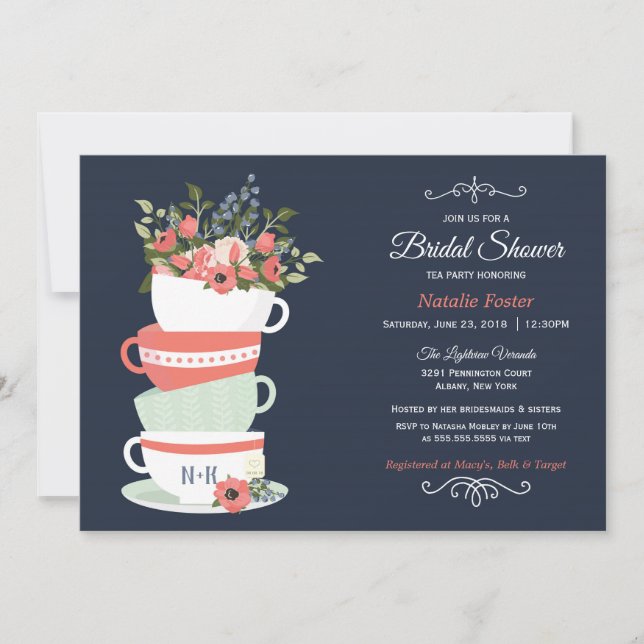Bridal Shower Tea Party Invitation | Navy & Coral (Front)