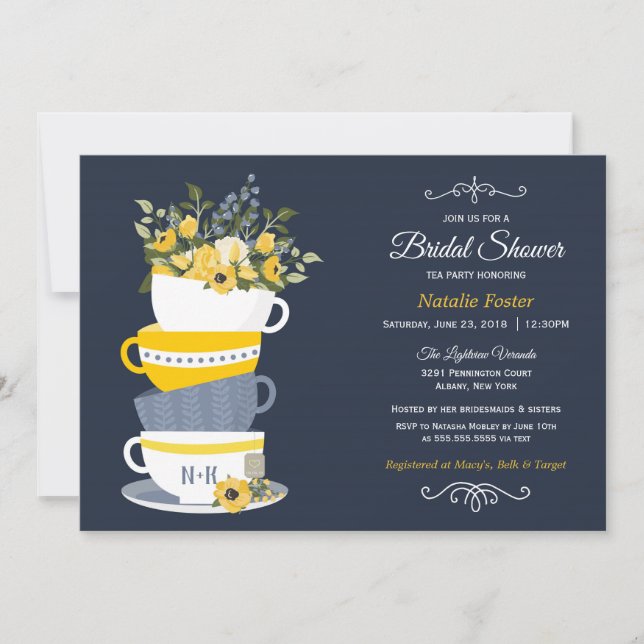 Bridal Shower Tea Party Invitation | Navy & Yellow (Front)