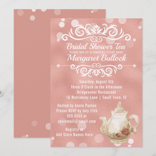 Bridal Shower Tea Party Invitation Rose Gold (Front/Back)
