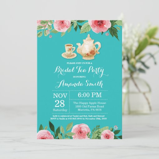 Bridal Shower Tea Party Invitation Teal Turquoise Zazzle