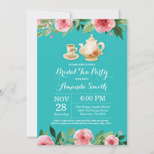 Bridal Shower Tea Party Invitation Teal Turquoise