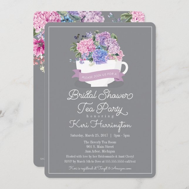 Bridal Shower Tea Party Invitation with Hydrangeas (Front/Back)