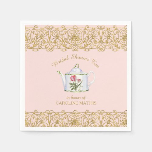 Bridal Shower Tea Party Luncheon Pink Gold Floral Napkins