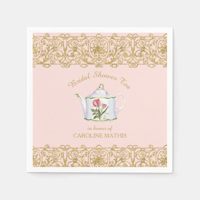 Bridal Shower Tea Party Luncheon Pink Gold Floral Napkins (Front)