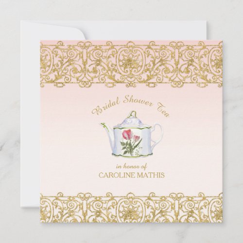 Bridal Shower Tea Party Luncheon Pink Gold Glitter Invitation