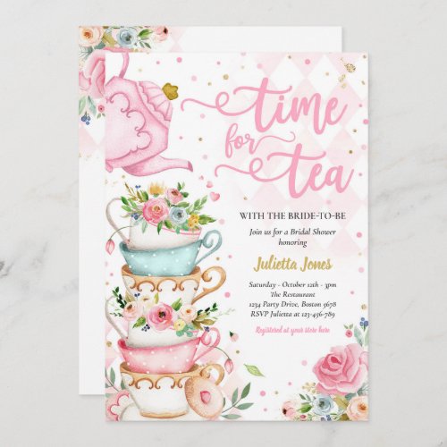 Bridal Shower Tea Party Pink And Gold Floral Invitation